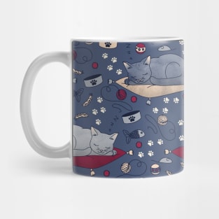 Sleepy Cat Dreams Pattern, Blue Grey Mug